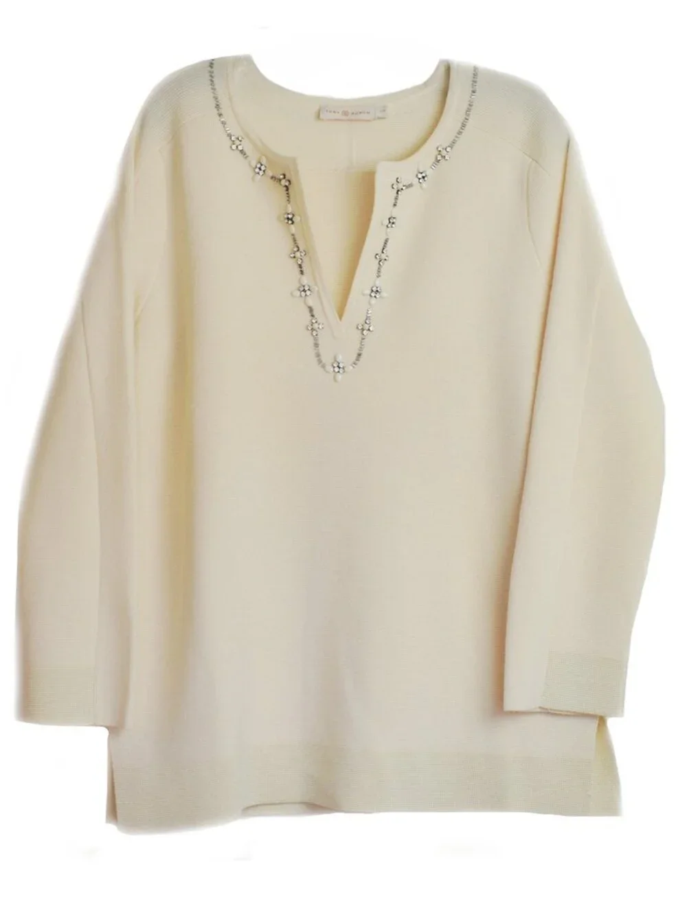 Tory Burch Women’s Pullover Merino Sweater Jeweled Split V-Neck Size L NEW